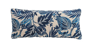 A blue rectangular feather accent cushion with a blue floral pattern on a beige background.