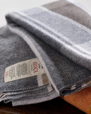 A folded flannel, cashmere soft wool throw in gray with a label showing the brand name 'AVOCA'.
