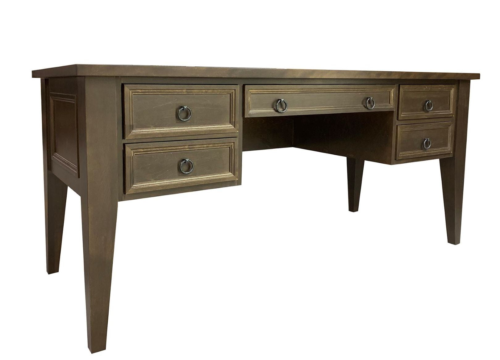 Wooden desk with multiple drawers on a white background