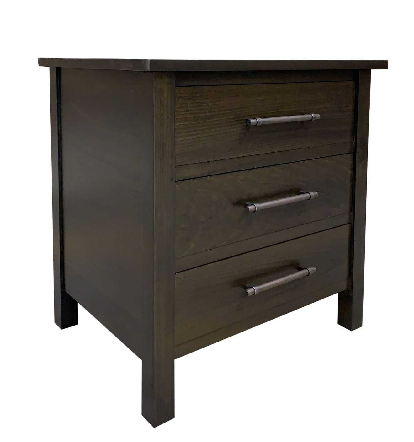 Dark wood bedside table with three drawers on a white background