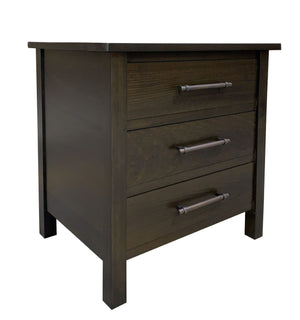 Dark wood bedside table with three drawers on a white background