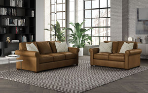 Brown leather sofa and loveseat set in a modern living room with large windows, floor-to-ceiling bookshelves, and decorative plants in Montreal.