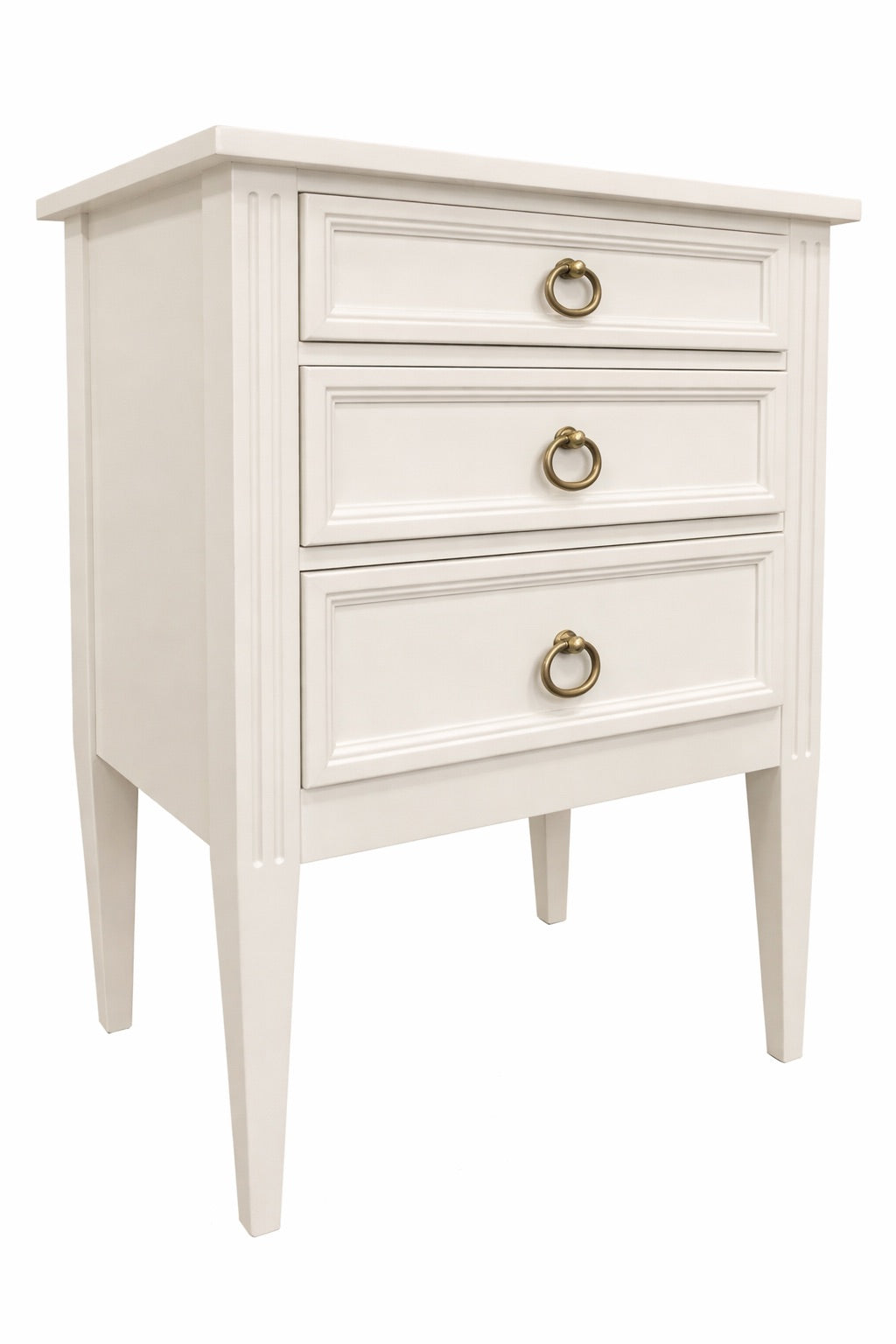 White nightstand with three drawers and brass handles on a white background