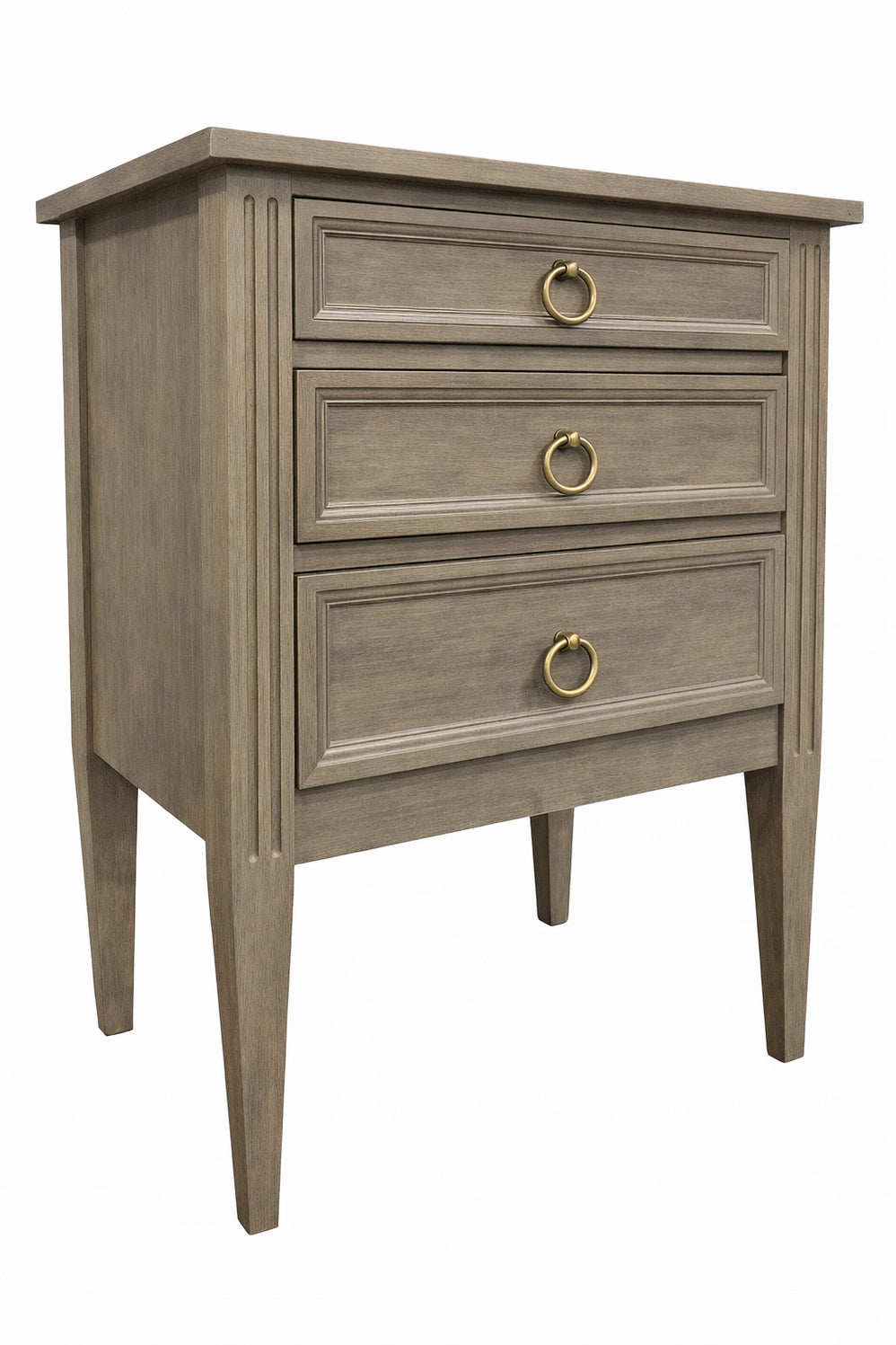 Wooden nightstand with three drawers and gold handles on a white background