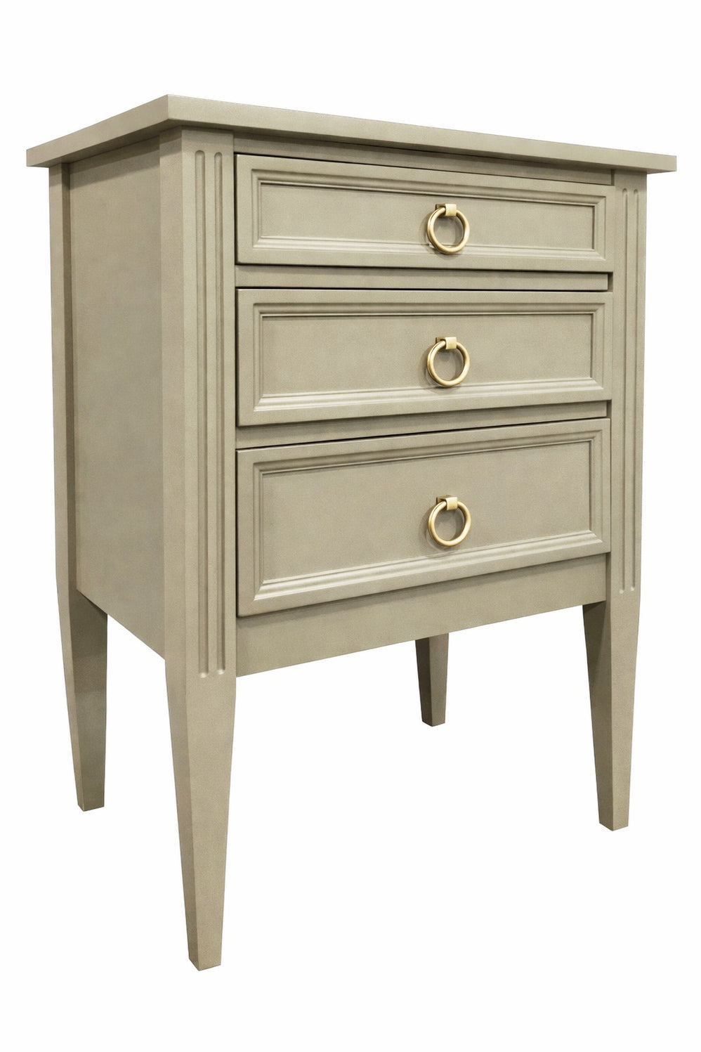 Beige nightstand with three drawers and gold handles on a white background