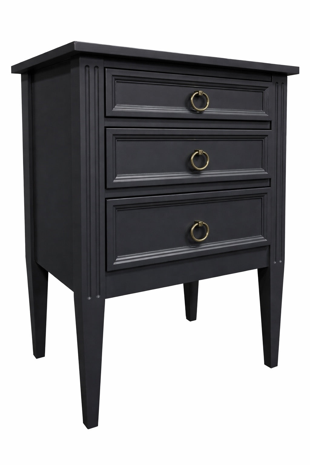 Black three-drawer nightstand with gold handles on a white background