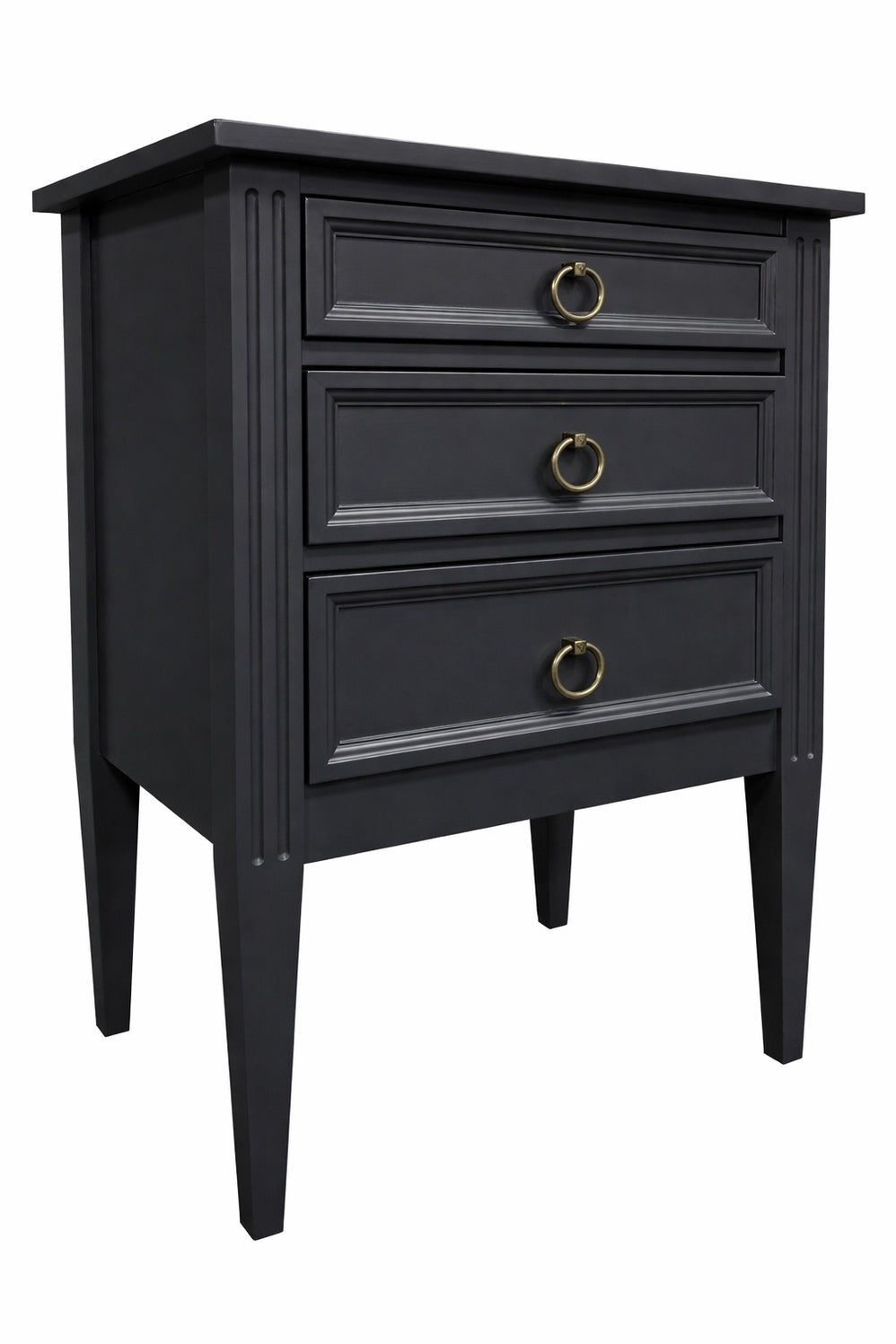 Black three-drawer nightstand with gold handles on a white background