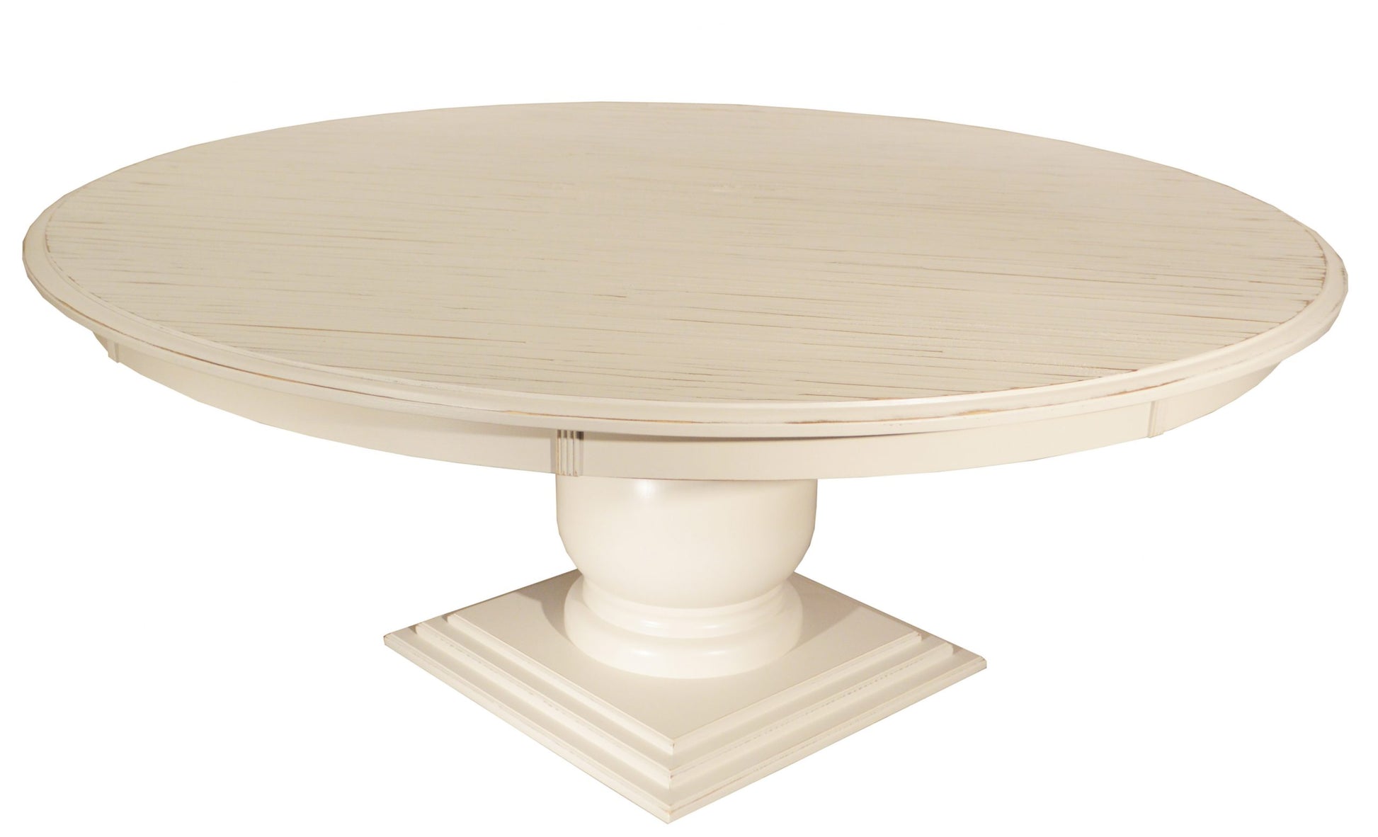 72 round pedestal table; Champlain white