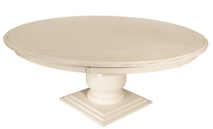 72 round pedestal table; Champlain white