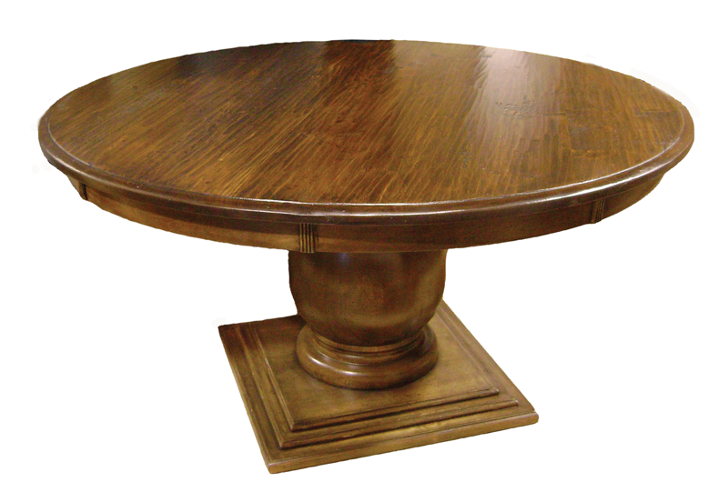 72 round pedestal table; hand-planed sequoia