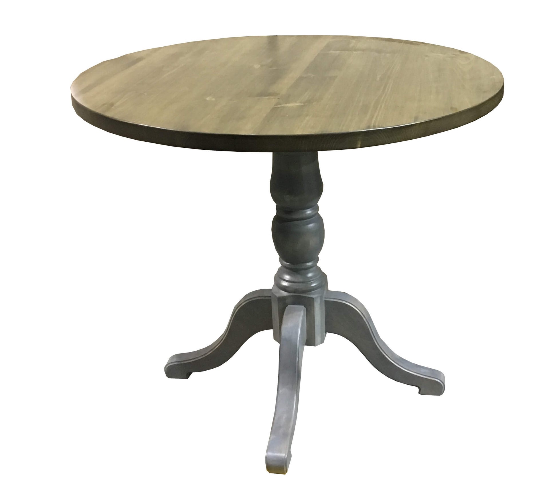 wooden bistro pedestal table with a grey base finish and stain on top
