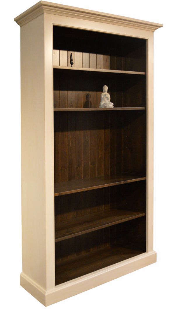 Wide wooden bookshelf with dark interior shelves, white frame with adjustable shelves