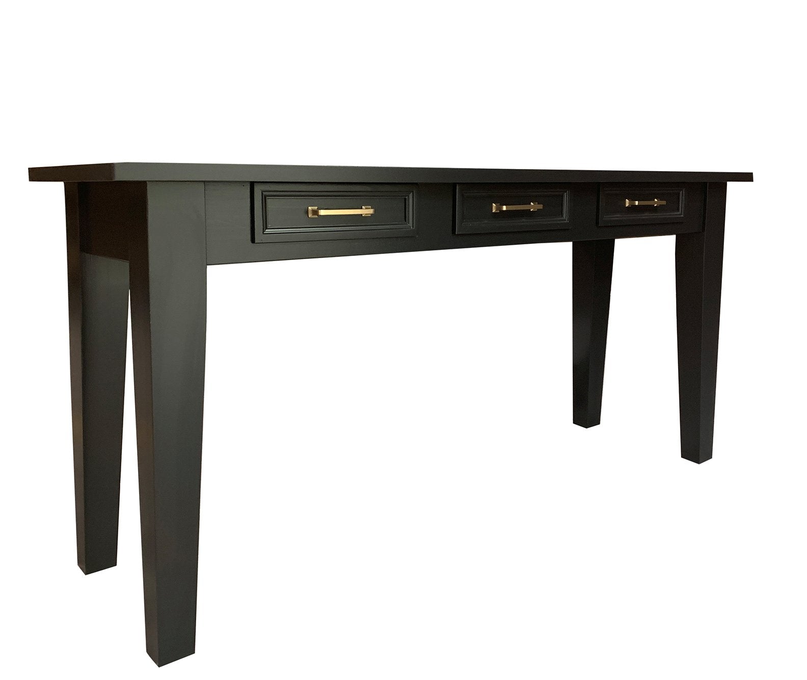 Black console table with gold hardware and three drawers on a white background