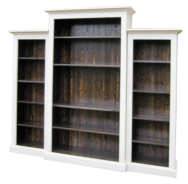 White nesting bookshelf with dark wood interior on a white background