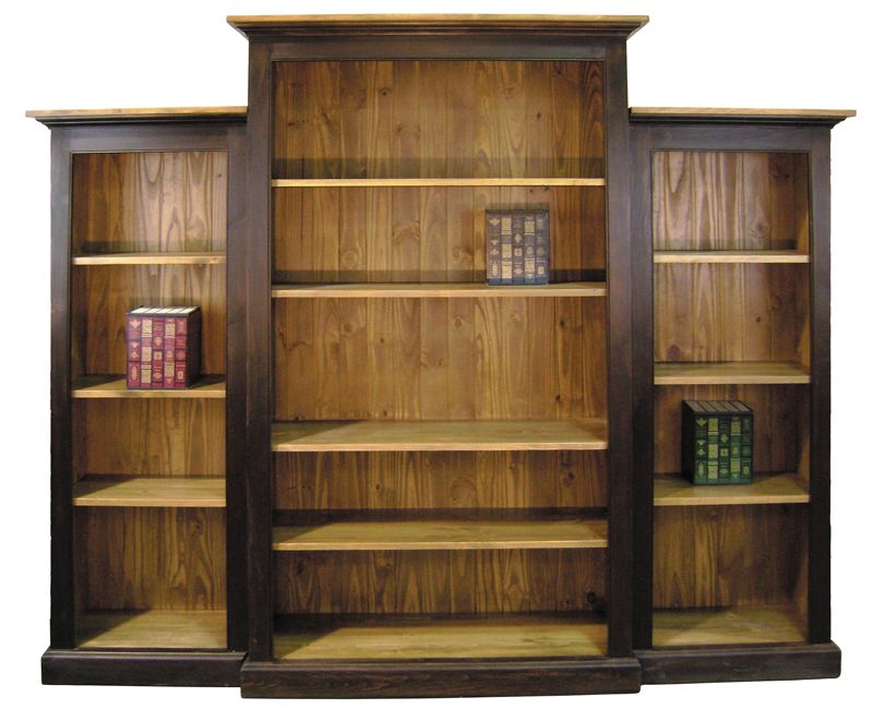 Three wooden bookshelves in dark brown with books 