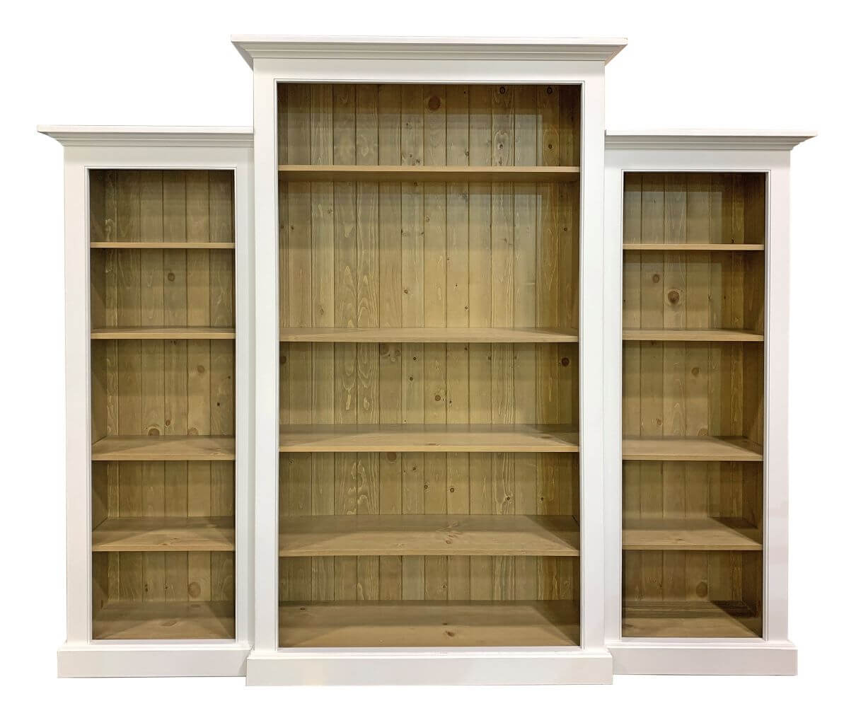 Wooden bookshelf side by side with white frame 