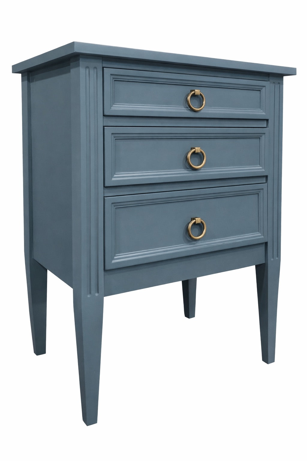 Blue nightstand with gold handles on a white background