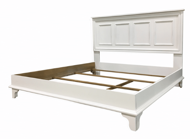 White king-size wooden platform bed frame on a white background