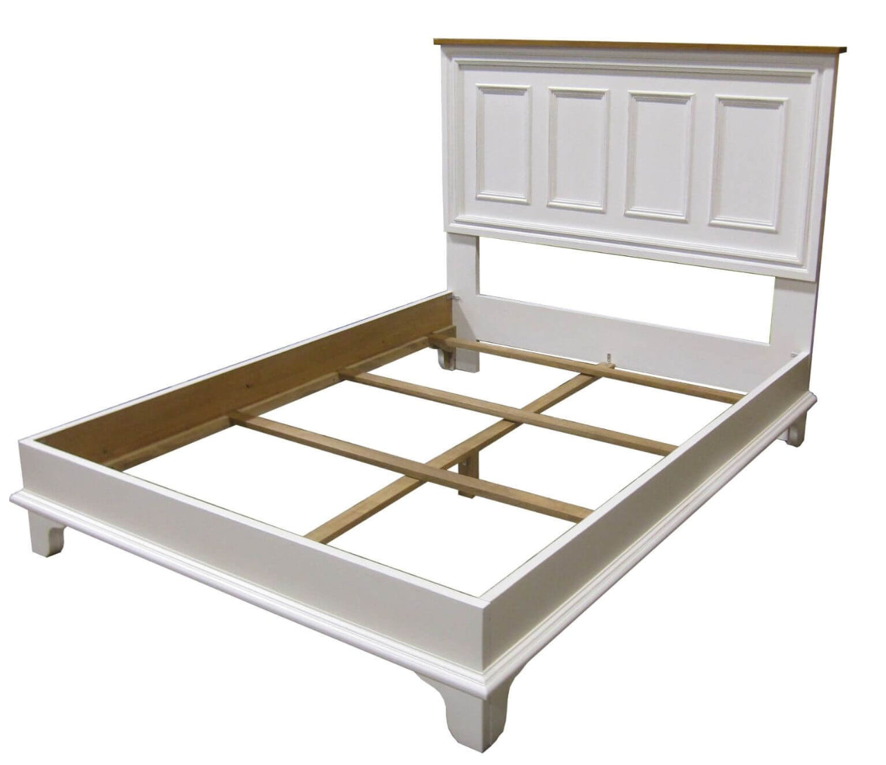 White wooden bed frame with a headboard on a white background