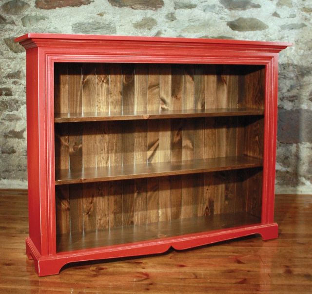 Library wooden bookshelf with red frame 
