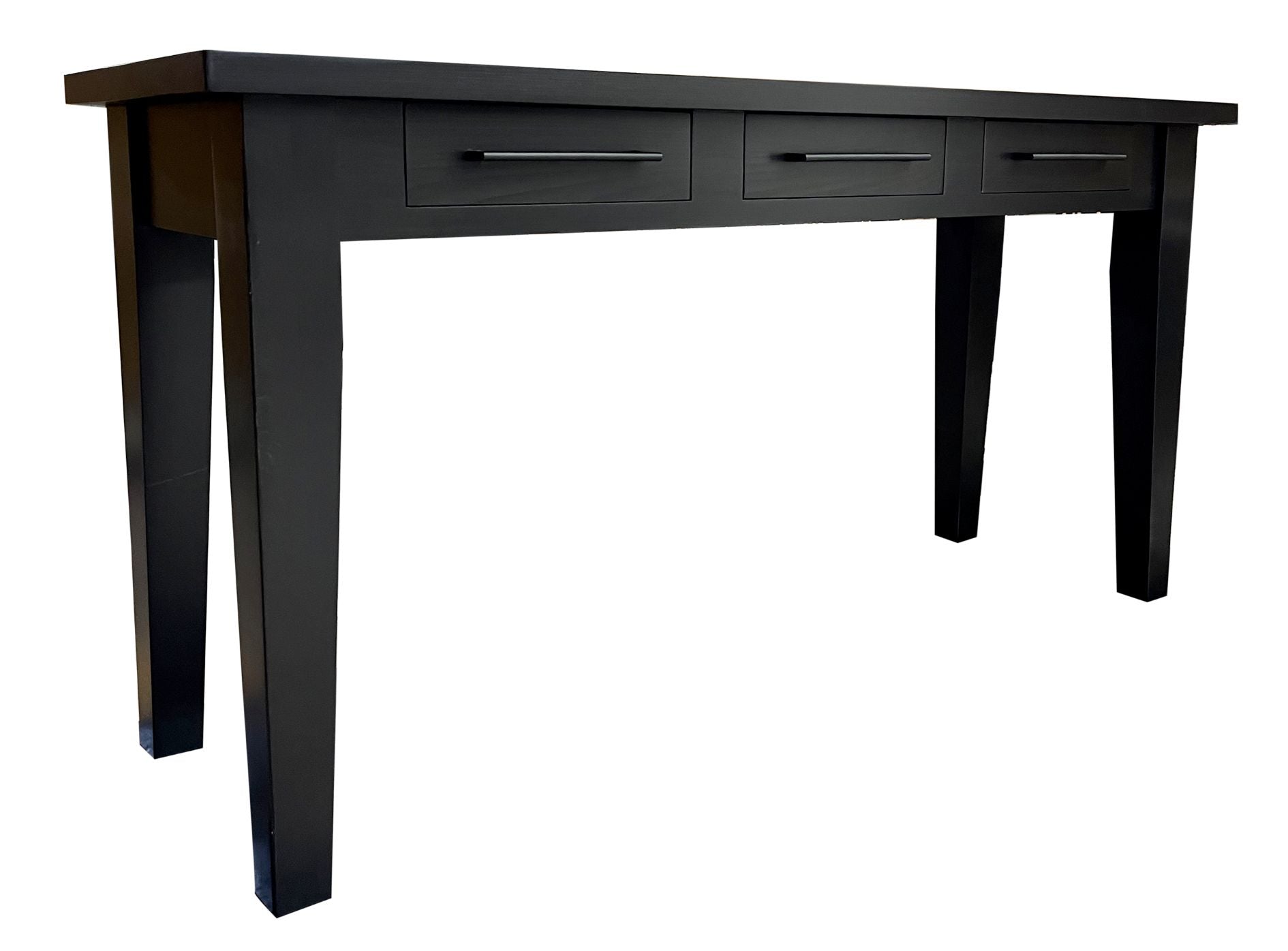 Black wooden, minimalist console table with drawers on a white background