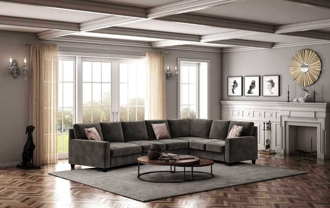 the grayson custom sectional sofa in brown fabric in a stylish, upscale living room in Quebec
