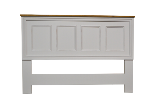 Gray wooden headboard with a brown top on a white background