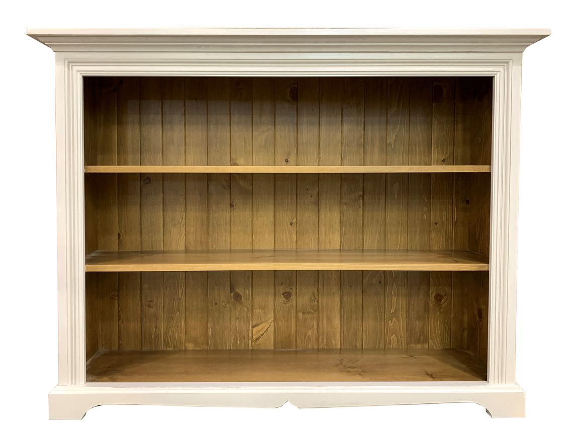 Wooden bookshelf with white frame and wooden interior