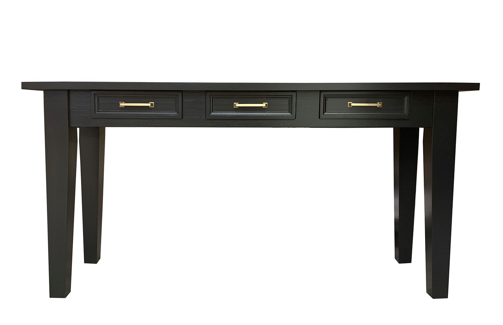 Modern black console table with three drawers on a white background