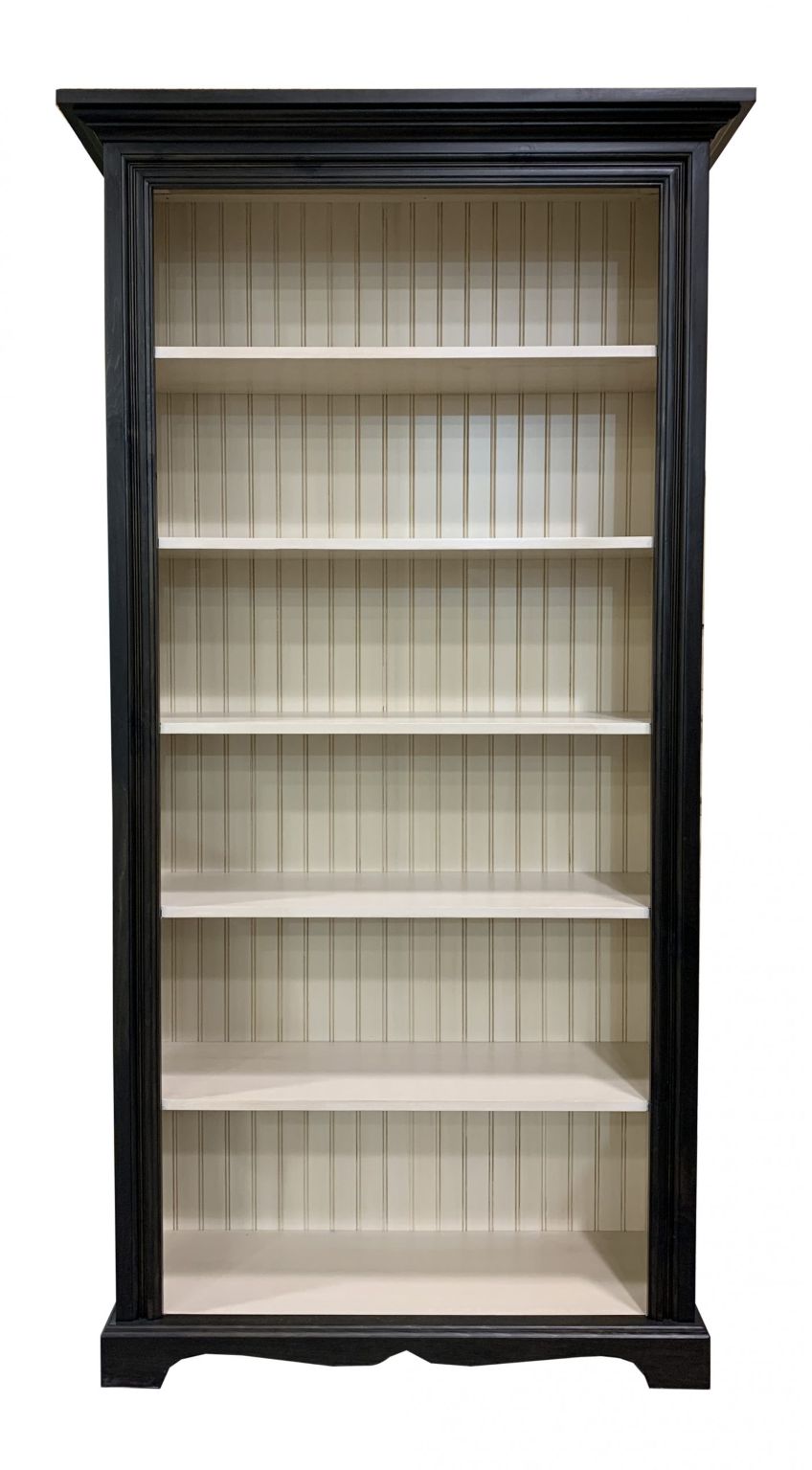 Tall black bookshelf with white shelves and custom black frame