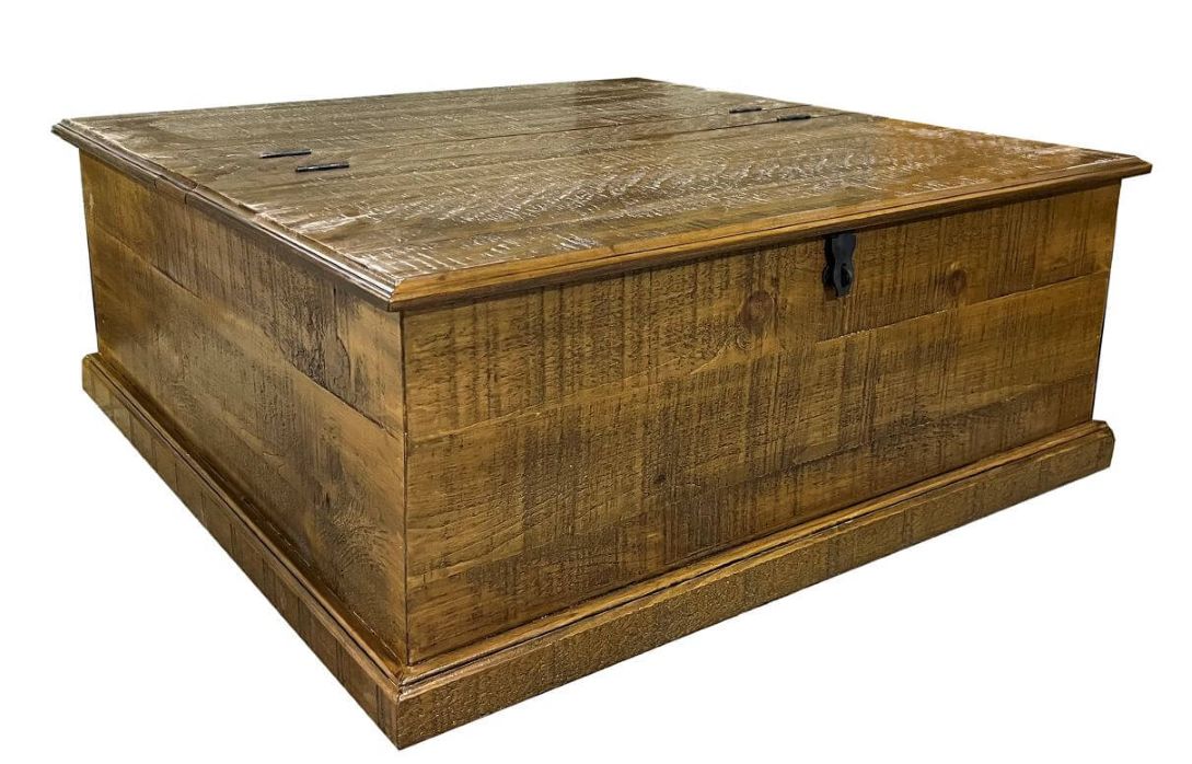 Natural wooden storage chest with a lid on a white background