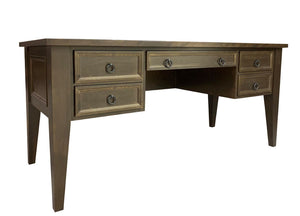 Wooden desk with multiple drawers on a white background