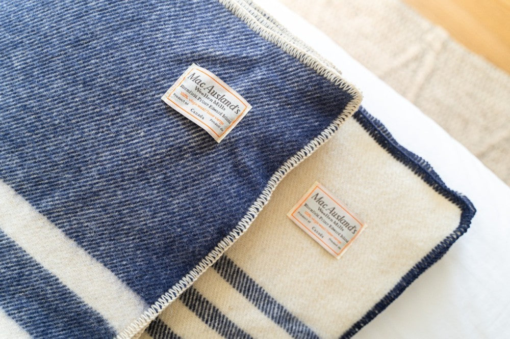 Navy Blue Throw Blanket with Natural White Stripes