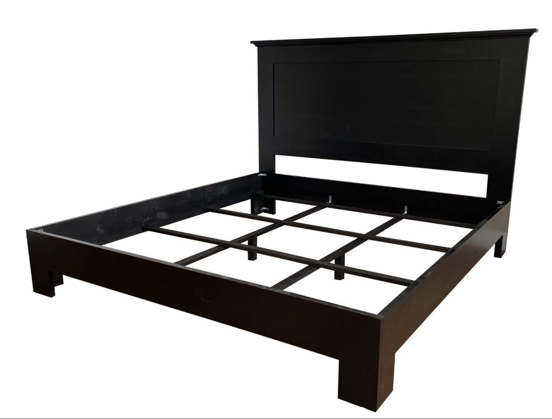 Black wooden platform bed frame in kingsize