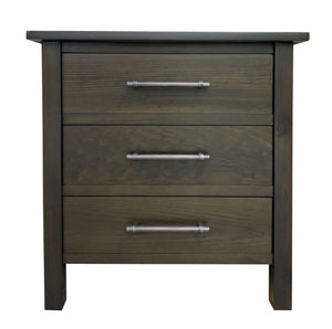 Dark wood nightstand with three drawers and metal handles on a white background