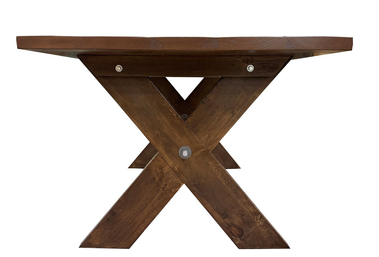 brown wooden dining table view from side of cross leg base
