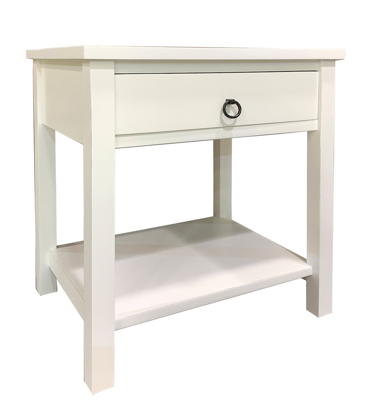 white bedside table with round pull