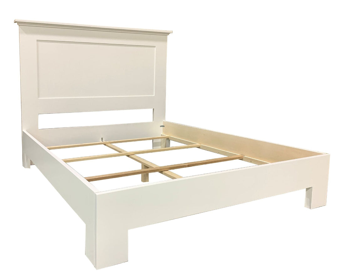 White wooden bed frame on a white background, Stage Coach platform bed; queen