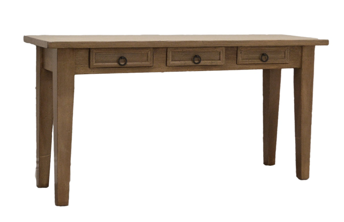 Classic English Pine wooden console table with three drawers on a white background
