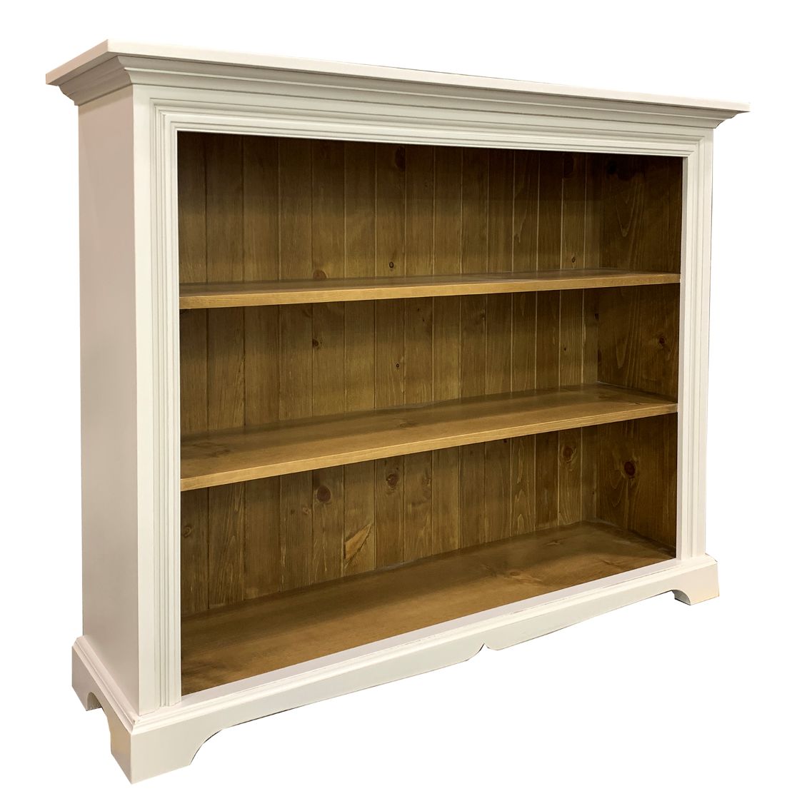 Library wooden bookshelf with white frame and natural wood interior